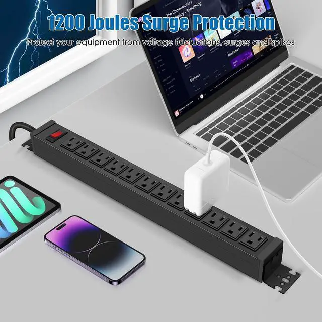 Alt view image 4 of 7 - HHSOET Rotating 12 Outlet Surge Protector Power Strip, 1200J, 6FT, Black, 1 | Metal Heavy Duty and Versatile Outlet Strip, Mountable Power Strip Suitable for Households Offices Industries