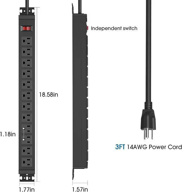 Alt view image 6 of 7 - HHSOET Rotating 12 Outlet Surge Protector Power Strip, 1200J, 6FT, Black, 1 | Metal Heavy Duty and Versatile Outlet Strip, Mountable Power Strip Suitable for Households Offices Industries
