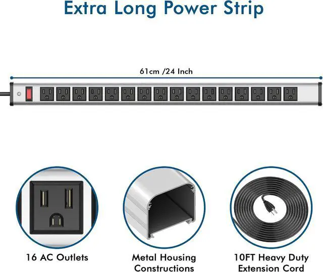 Alt view image 2 of 7 - BTU 16 Outlet Power Strips, Extra Long Power Strip with 10ft Cord, Metal Heavy Duty Power Strip Wall Mount, Garage Workshop Commercial Industrial Power Strips with Circuit Breaker Switch (Silver)