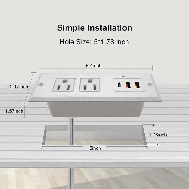 Alt view image 2 of 6 - Recessed Power Strip with 20W USB-C Desktop Charge Station with 3 Fast Charging USB Ports Flush Mount Furniture Outlet for Conference Table Nightstand Cabinet, ETL Certified