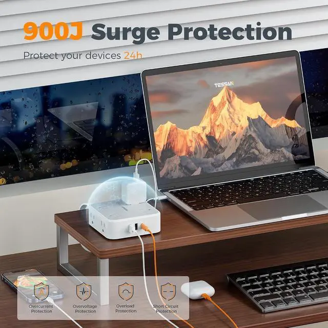 Alt view image 3 of 7 - TESSAN Surge Protector Power Strip with 900J Surge Protection, 10 Ft, Grey | 8 AC 3 USB Ports (1 USB C 20W PD), Flat Plug Extension Cord with Multiple Outlets , 3 Sided Outlet Extender for Dorm Room