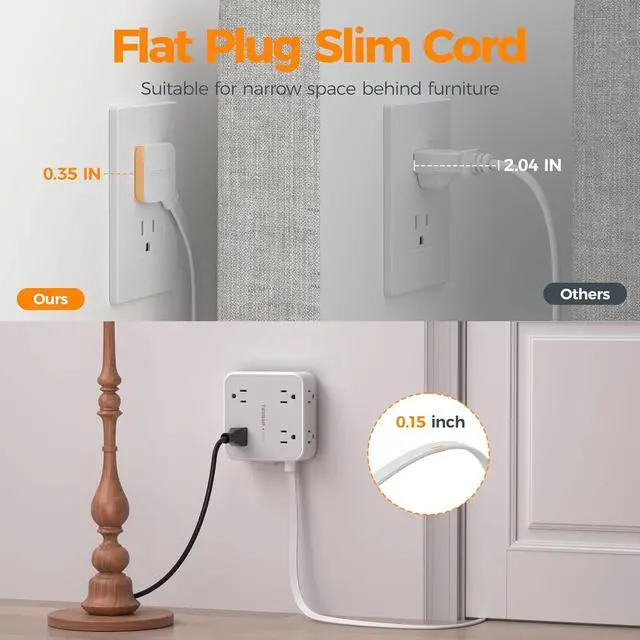 Alt view image 6 of 7 - TESSAN Surge Protector Power Strip with 900J Surge Protection, 10 Ft, Grey | 8 AC 3 USB Ports (1 USB C 20W PD), Flat Plug Extension Cord with Multiple Outlets , 3 Sided Outlet Extender for Dorm Room