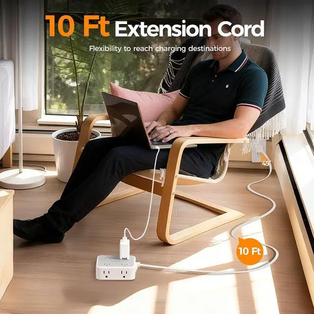 Alt view image 4 of 7 - TESSAN Surge Protector Power Strip with 900J Surge Protection, 10 Ft, Grey | 8 AC 3 USB Ports (1 USB C 20W PD), Flat Plug Extension Cord with Multiple Outlets , 3 Sided Outlet Extender for Dorm Room