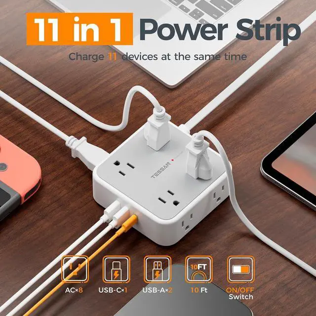 Alt view image 2 of 7 - TESSAN Surge Protector Power Strip with 900J Surge Protection, 10 Ft, Grey | 8 AC 3 USB Ports (1 USB C 20W PD), Flat Plug Extension Cord with Multiple Outlets , 3 Sided Outlet Extender for Dorm Room