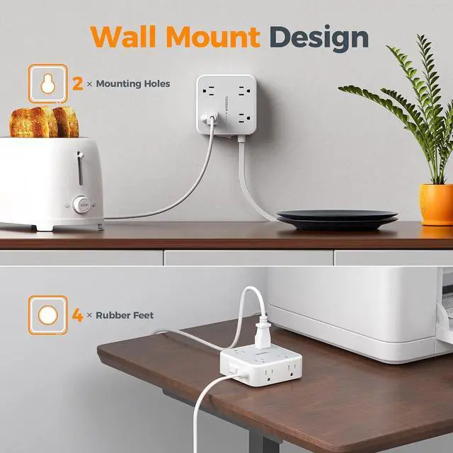 Alt view image 7 of 7 - TESSAN Surge Protector Power Strip with 900J Surge Protection, 10 Ft, Grey | 8 AC 3 USB Ports (1 USB C 20W PD), Flat Plug Extension Cord with Multiple Outlets , 3 Sided Outlet Extender for Dorm Room
