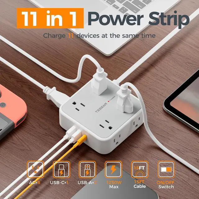 Alt view image 2 of 7 - TESSAN Surge Protector Power Strip with 900J Surge Protection, 15 Ft, Grey | 8 AC with 3 USB Ports (1 USB C 20W PD), Flat Plug Extension Cord, 3 Sided Outlet Extender with Power Switch