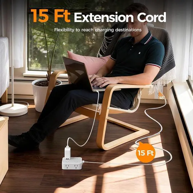 Alt view image 5 of 7 - TESSAN Surge Protector Power Strip with 900J Surge Protection, 15 Ft, Grey | 8 AC with 3 USB Ports (1 USB C 20W PD), Flat Plug Extension Cord, 3 Sided Outlet Extender with Power Switch