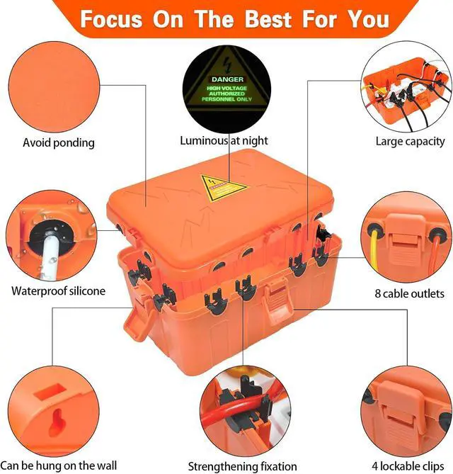 Alt view image 2 of 7 - Hrensaw Large Outdoor Electrical Box(12.5x8.5x5inch),IP54 Waterproof Outdoor Outlet Covers,Weatherproof Extension Cord Covers Protect Outlet,Plug,Timer,Power Strip,Holiday Light,Orange