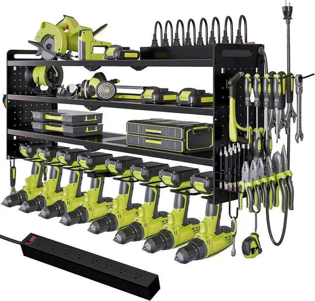 Main image of NattyDot Power Tool Organizer Wall Mount, 8-Drill Charging Station, Black | 4-tier Garage Rack Stores 8 Cordless Drills and Tools; Built-in 8-outlet Power Strip Makes a Convenient Charging Workspace