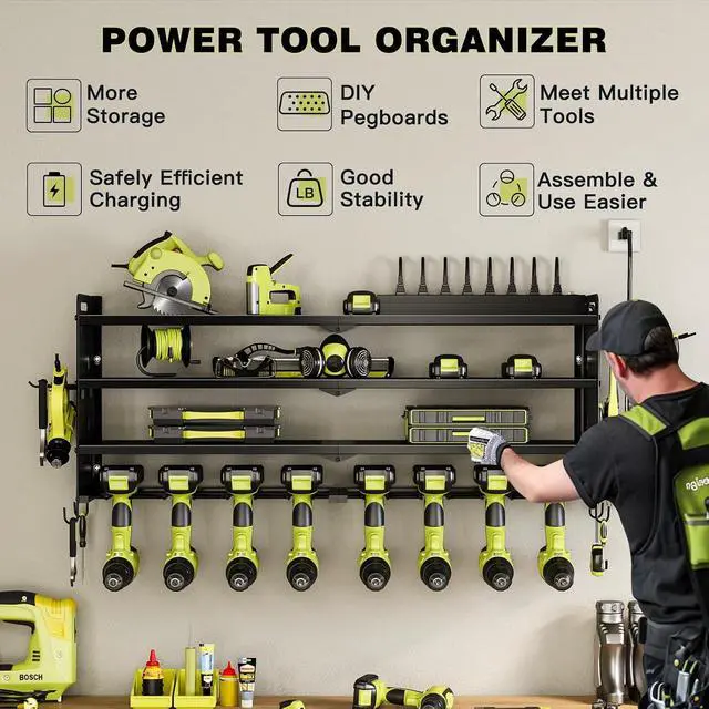 Alt view image 2 of 7 - NattyDot Power Tool Organizer Wall Mount, 8-Drill Charging Station, Black | 4-tier Garage Rack Stores 8 Cordless Drills and Tools; Built-in 8-outlet Power Strip Makes a Convenient Charging Workspace
