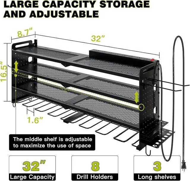 Alt view image 3 of 7 - NattyDot Power Tool Organizer Wall Mount, 8-Drill Charging Station, Black | 4-tier Garage Rack Stores 8 Cordless Drills and Tools; Built-in 8-outlet Power Strip Makes a Convenient Charging Workspace