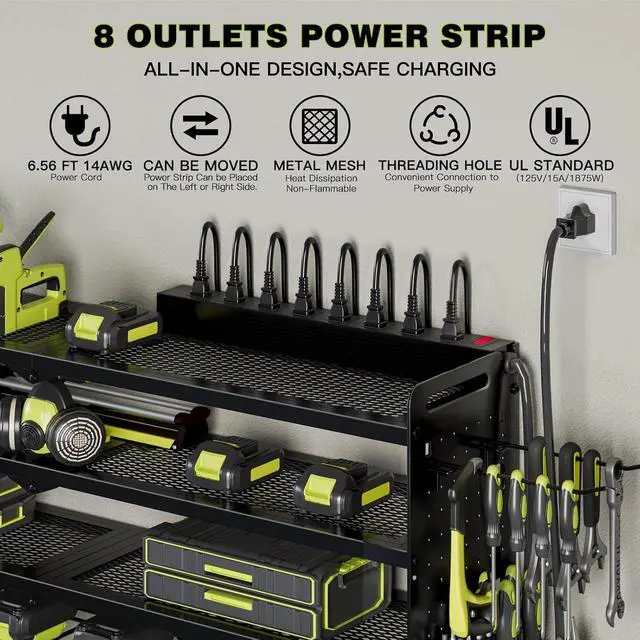 Alt view image 4 of 7 - NattyDot Power Tool Organizer Wall Mount, 8-Drill Charging Station, Black | 4-tier Garage Rack Stores 8 Cordless Drills and Tools; Built-in 8-outlet Power Strip Makes a Convenient Charging Workspace