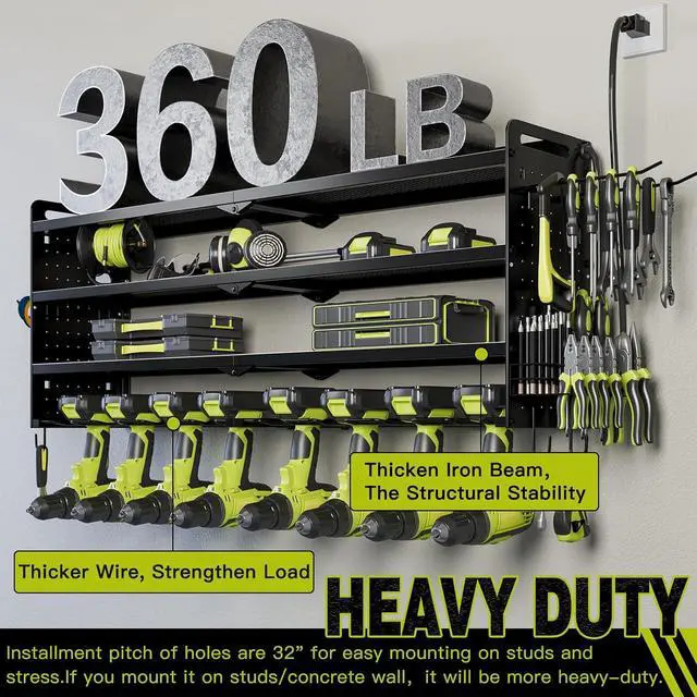 Alt view image 5 of 7 - NattyDot Power Tool Organizer Wall Mount, 8-Drill Charging Station, Black | 4-tier Garage Rack Stores 8 Cordless Drills and Tools; Built-in 8-outlet Power Strip Makes a Convenient Charging Workspace