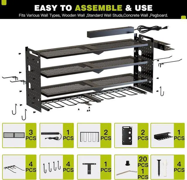 Alt view image 7 of 7 - NattyDot Power Tool Organizer Wall Mount, 8-Drill Charging Station, Black | 4-tier Garage Rack Stores 8 Cordless Drills and Tools; Built-in 8-outlet Power Strip Makes a Convenient Charging Workspace