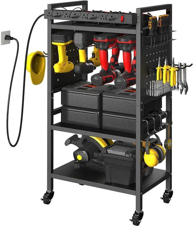Main image of Power Tool Organizer Cart with Charging Station, 4-Tier Rolling Tool Cart for Garage Storage,Heavy-Duty Floor-Standing Storage Rack with 8-Outlet Power Strip,Supports 500 lbs