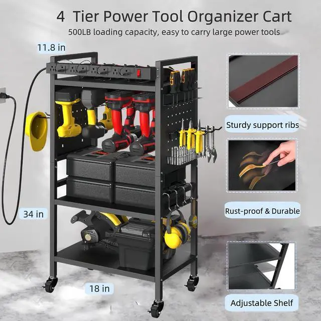 Alt view image 3 of 7 - Power Tool Organizer Cart with Charging Station, 4-Tier Rolling Tool Cart for Garage Storage,Heavy-Duty Floor-Standing Storage Rack with 8-Outlet Power Strip,Supports 500 lbs