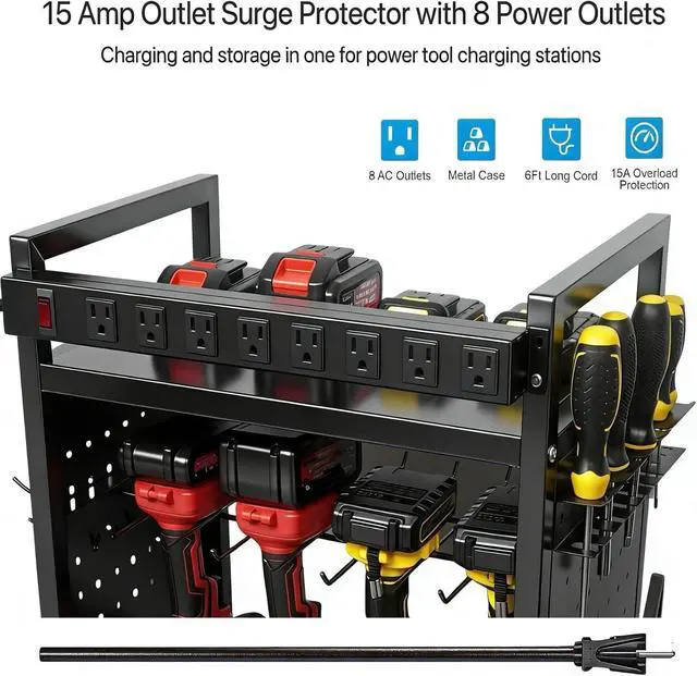 Alt view image 2 of 7 - Power Tool Organizer Cart with Charging Station, 4-Tier Rolling Tool Cart for Garage Storage,Heavy-Duty Floor-Standing Storage Rack with 8-Outlet Power Strip,Supports 500 lbs