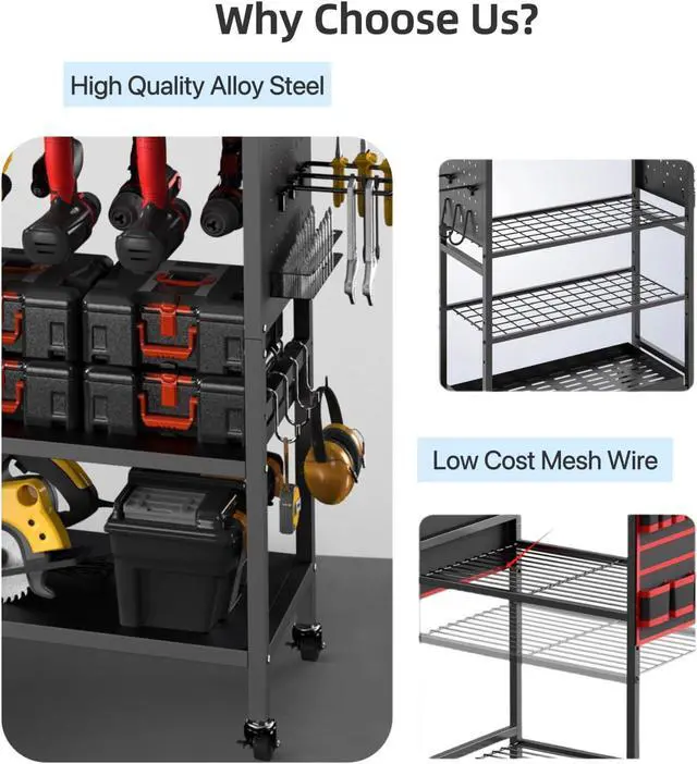 Alt view image 4 of 7 - Power Tool Organizer Cart with Charging Station, 4-Tier Rolling Tool Cart for Garage Storage,Heavy-Duty Floor-Standing Storage Rack with 8-Outlet Power Strip,Supports 500 lbs