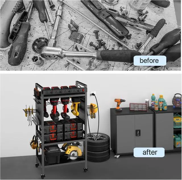 Alt view image 6 of 7 - Power Tool Organizer Cart with Charging Station, 4-Tier Rolling Tool Cart for Garage Storage,Heavy-Duty Floor-Standing Storage Rack with 8-Outlet Power Strip,Supports 500 lbs