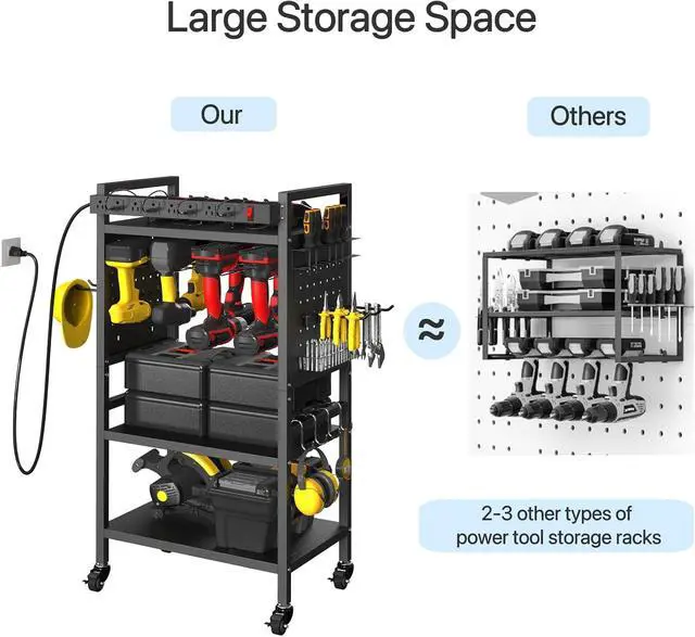 Alt view image 5 of 7 - Power Tool Organizer Cart with Charging Station, 4-Tier Rolling Tool Cart for Garage Storage,Heavy-Duty Floor-Standing Storage Rack with 8-Outlet Power Strip,Supports 500 lbs