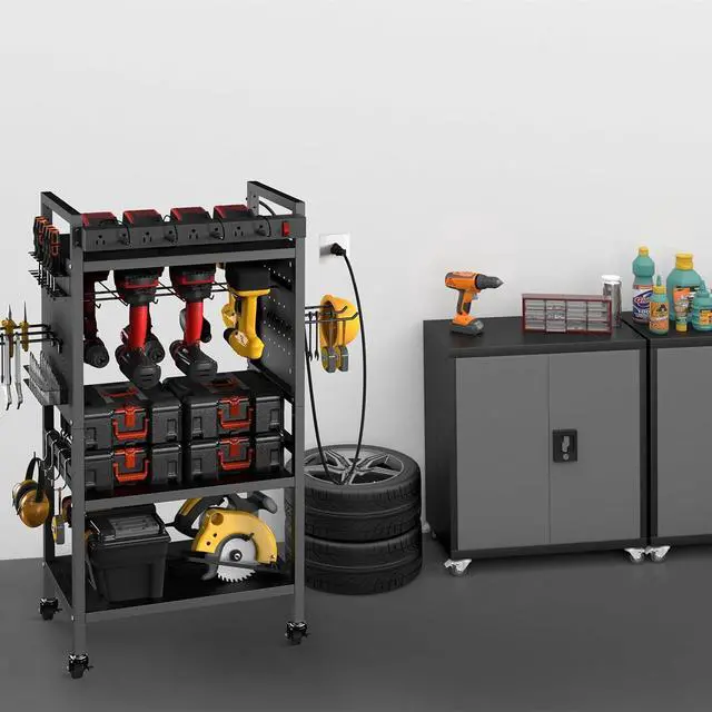 Alt view image 7 of 7 - Power Tool Organizer Cart with Charging Station, 4-Tier Rolling Tool Cart for Garage Storage,Heavy-Duty Floor-Standing Storage Rack with 8-Outlet Power Strip,Supports 500 lbs