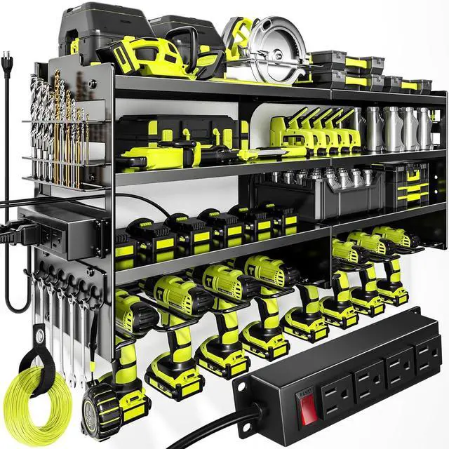 Main image of POKIPO Large Power Tool Organizer Wall Mount with Charging Station,4 Layer Heavy Duty Metal Tool Storage Rack Loads 600lbs with 8 Cordless Drill Holder,Battery Utility Rack Loads with 4 Power Strip