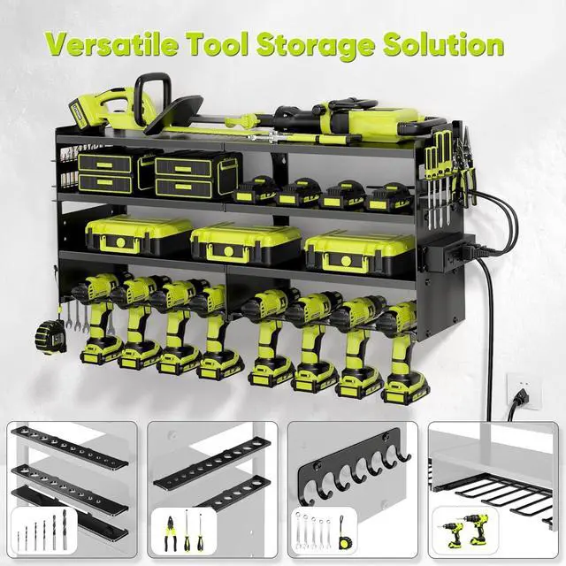 Alt view image 3 of 7 - POKIPO Large Power Tool Organizer Wall Mount with Charging Station,4 Layer Heavy Duty Metal Tool Storage Rack Loads 600lbs with 8 Cordless Drill Holder,Battery Utility Rack Loads with 4 Power Strip
