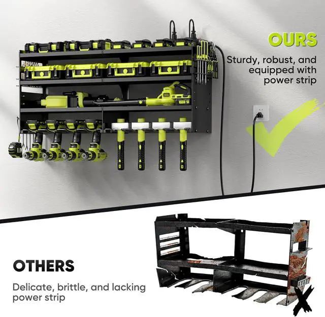 Alt view image 4 of 7 - POKIPO Large Power Tool Organizer Wall Mount with Charging Station,4 Layer Heavy Duty Metal Tool Storage Rack Loads 600lbs with 8 Cordless Drill Holder,Battery Utility Rack Loads with 4 Power Strip