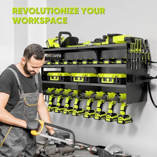 Alt view image 5 of 7 - POKIPO Large Power Tool Organizer Wall Mount with Charging Station,4 Layer Heavy Duty Metal Tool Storage Rack Loads 600lbs with 8 Cordless Drill Holder,Battery Utility Rack Loads with 4 Power Strip