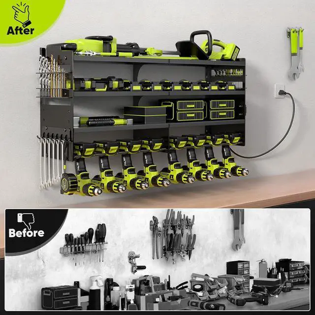 Alt view image 6 of 7 - POKIPO Large Power Tool Organizer Wall Mount with Charging Station,4 Layer Heavy Duty Metal Tool Storage Rack Loads 600lbs with 8 Cordless Drill Holder,Battery Utility Rack Loads with 4 Power Strip