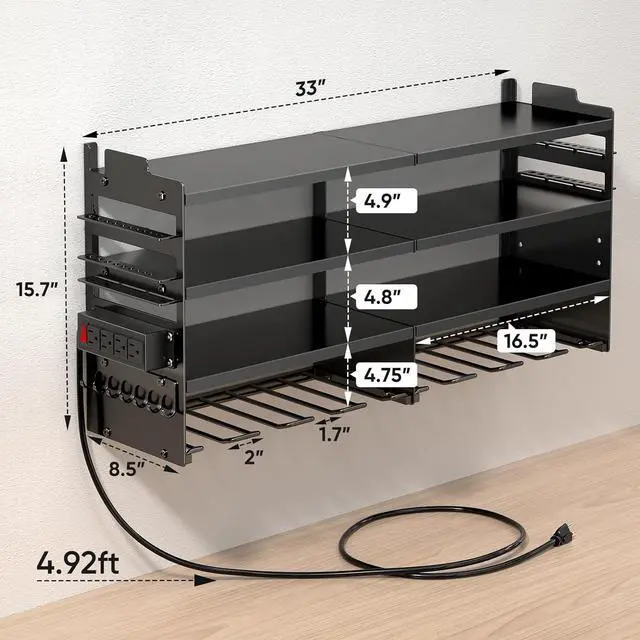 Alt view image 7 of 7 - POKIPO Large Power Tool Organizer Wall Mount with Charging Station,4 Layer Heavy Duty Metal Tool Storage Rack Loads 600lbs with 8 Cordless Drill Holder,Battery Utility Rack Loads with 4 Power Strip