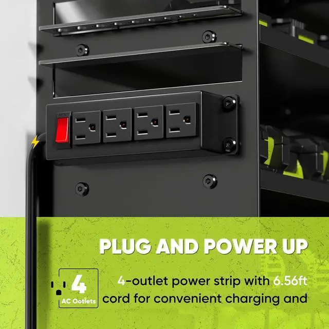 Alt view image 2 of 7 - POKIPO Large Power Tool Organizer Wall Mount with Charging Station,4 Layer Heavy Duty Metal Tool Storage Rack Loads 600lbs with 8 Cordless Drill Holder,Battery Utility Rack Loads with 4 Power Strip