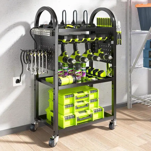 Main image of Power Tool Organizer Cart with Charging Station,Garage Floor Rolling Storage on Wheels for Mechanic,Mobile 8 Drill Holder, Utility Cart with Battery Charging 8 Outlet Power Strip