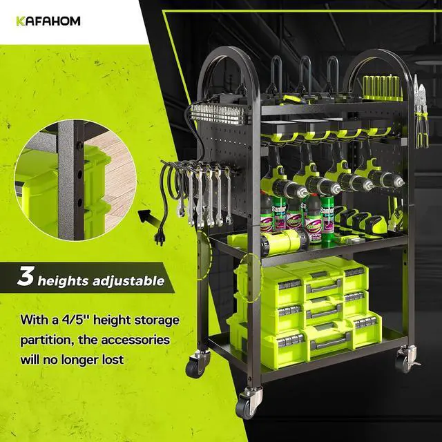 Alt view image 4 of 7 - Power Tool Organizer Cart with Charging Station,Garage Floor Rolling Storage on Wheels for Mechanic,Mobile 8 Drill Holder, Utility Cart with Battery Charging 8 Outlet Power Strip