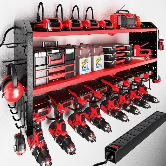 Main image of Power Tool Organizer with Charging Station, Built in 8 Outlet Power Strip, Large 8 Drill Holder Wall Mount, Heavy Duty Metal Power Tool Storage Rack Tool Shelf for Garage Organization Red
