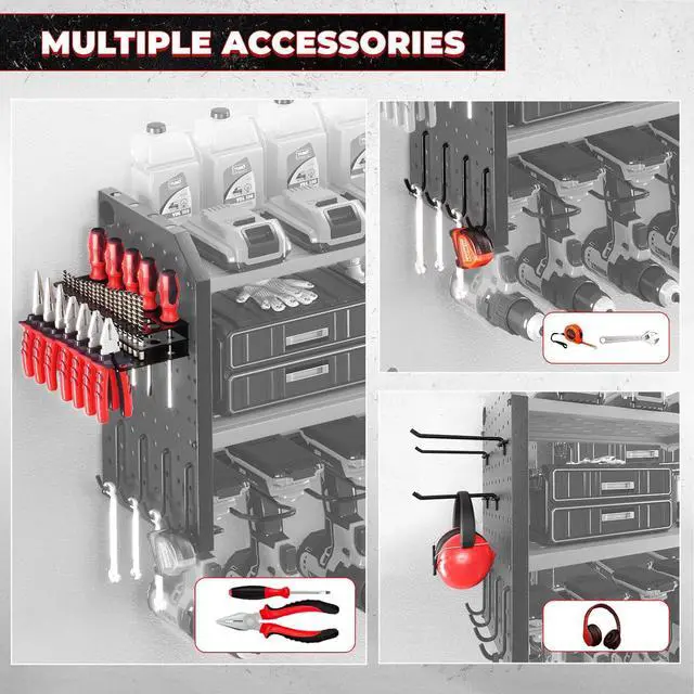 Alt view image 3 of 6 - Power Tool Organizer with Charging Station, Built in 8 Outlet Power Strip, Large 8 Drill Holder Wall Mount, Heavy Duty Metal Power Tool Storage Rack Tool Shelf for Garage Organization Red