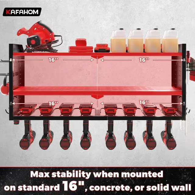 Alt view image 4 of 6 - Power Tool Organizer with Charging Station, Built in 8 Outlet Power Strip, Large 8 Drill Holder Wall Mount, Heavy Duty Metal Power Tool Storage Rack Tool Shelf for Garage Organization Red