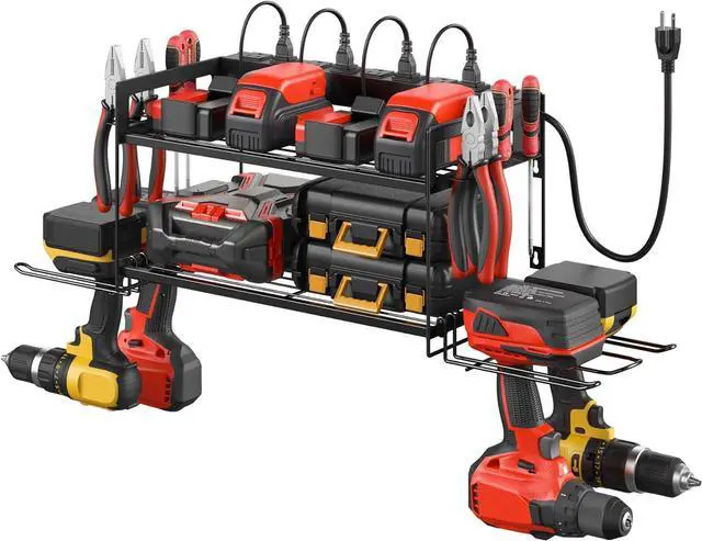 Main image of CCCEI Garage Tools Storage with Charging Station. Power Tool Battery Organizer Utility Shelf with Power Strip. 4 Drills Holder Wall Mount Rack, Black.