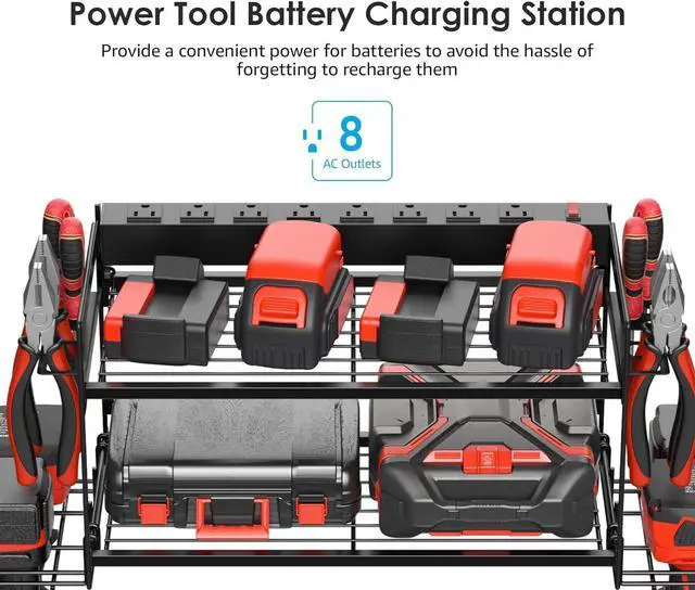 Alt view image 2 of 7 - CCCEI Garage Tools Storage with Charging Station. Power Tool Battery Organizer Utility Shelf with Power Strip. 4 Drills Holder Wall Mount Rack, Black.
