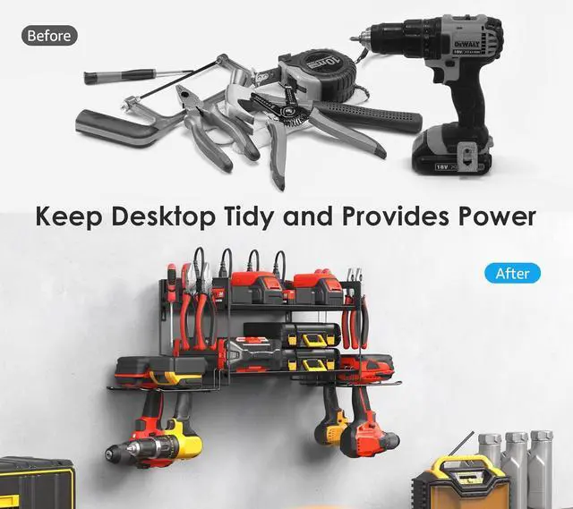 Alt view image 7 of 7 - CCCEI Garage Tools Storage with Charging Station. Power Tool Battery Organizer Utility Shelf with Power Strip. 4 Drills Holder Wall Mount Rack, Black.