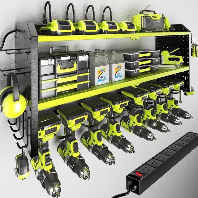 Main image of Power Tool Organizer with Charging Station, Built in 8 Outlet Power Strip,Large 8 Drill Holder Wall Mount, Heavy Duty Metal Power Tool Storage Rack Tool Shelf for Garage Organization