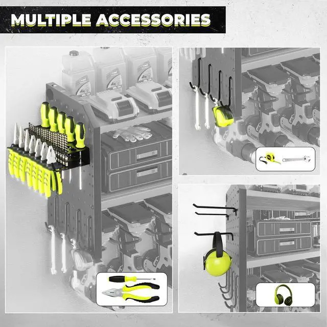 Alt view image 3 of 6 - Power Tool Organizer with Charging Station, Built in 8 Outlet Power Strip,Large 8 Drill Holder Wall Mount, Heavy Duty Metal Power Tool Storage Rack Tool Shelf for Garage Organization