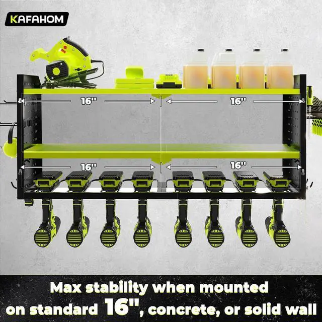 Alt view image 4 of 6 - Power Tool Organizer with Charging Station, Built in 8 Outlet Power Strip,Large 8 Drill Holder Wall Mount, Heavy Duty Metal Power Tool Storage Rack Tool Shelf for Garage Organization