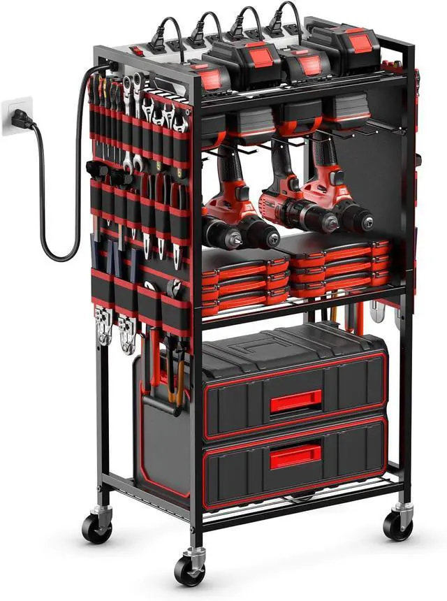 Main image of JUNNUJ Power Tool Organizer Cart with Charging Station, 6 FT Cord, Red | Floor Standing, Large Garage Rolling Storage Cart on Wheels, Heavy Duty Drill Battery Storage Rack, with 8 Outlet Power Strip