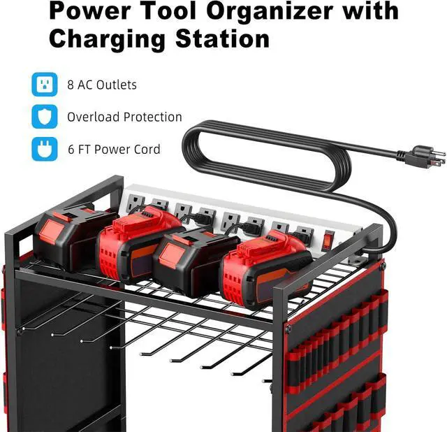 Alt view image 2 of 7 - JUNNUJ Power Tool Organizer Cart with Charging Station, 6 FT Cord, Red | Floor Standing, Large Garage Rolling Storage Cart on Wheels, Heavy Duty Drill Battery Storage Rack, with 8 Outlet Power Strip