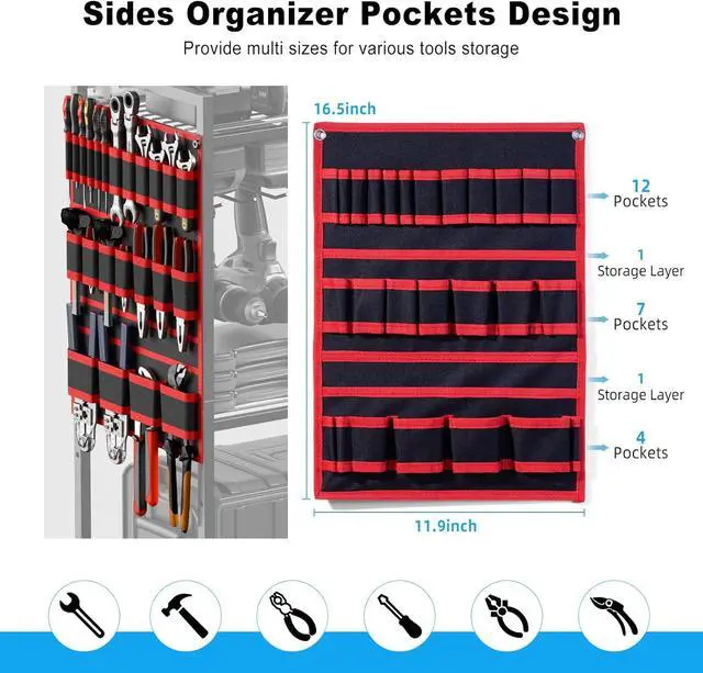 Alt view image 3 of 7 - JUNNUJ Power Tool Organizer Cart with Charging Station, 6 FT Cord, Red | Floor Standing, Large Garage Rolling Storage Cart on Wheels, Heavy Duty Drill Battery Storage Rack, with 8 Outlet Power Strip