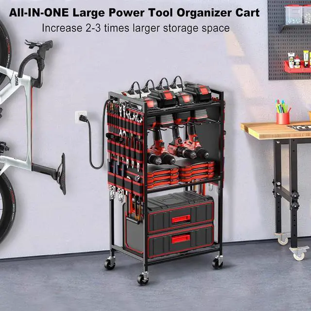 Alt view image 6 of 7 - JUNNUJ Power Tool Organizer Cart with Charging Station, 6 FT Cord, Red | Floor Standing, Large Garage Rolling Storage Cart on Wheels, Heavy Duty Drill Battery Storage Rack, with 8 Outlet Power Strip