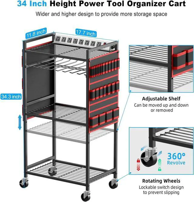 Alt view image 5 of 7 - JUNNUJ Power Tool Organizer Cart with Charging Station, 6 FT Cord, Red | Floor Standing, Large Garage Rolling Storage Cart on Wheels, Heavy Duty Drill Battery Storage Rack, with 8 Outlet Power Strip