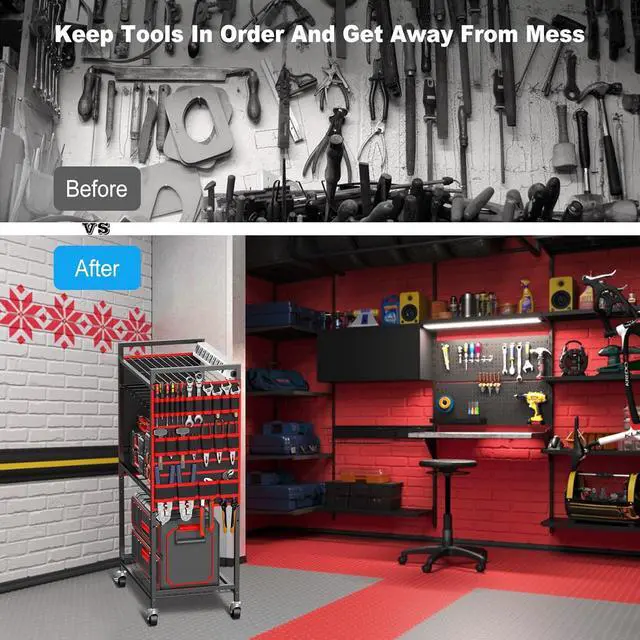Alt view image 7 of 7 - JUNNUJ Power Tool Organizer Cart with Charging Station, 6 FT Cord, Red | Floor Standing, Large Garage Rolling Storage Cart on Wheels, Heavy Duty Drill Battery Storage Rack, with 8 Outlet Power Strip