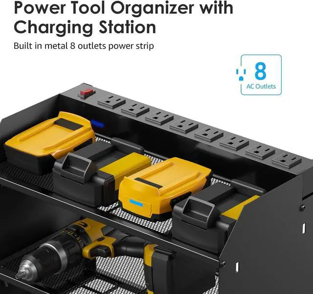 Alt view image 2 of 7 - CCCEI Modular Power Tool Organizer Wall Mount Charging Station, Black 6 Drills Holder with 8 Plug Power Strip, Garage Drill Battery Heavy Duty Metal Shelf, Utility Rack with Hooks, Side Storage.
